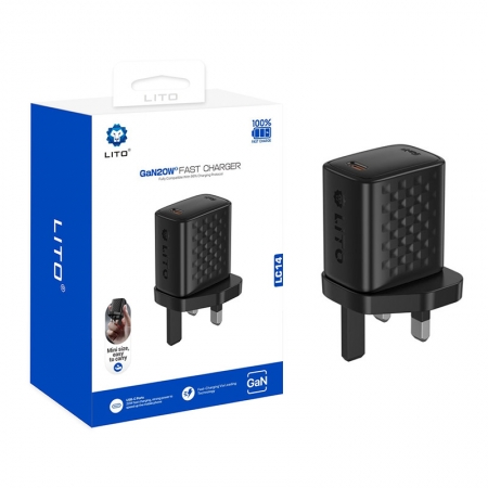 Быстрое зарядное устройство LITO LC14 GaN 20 Вт PD с портом USB-C и британской вилкой 