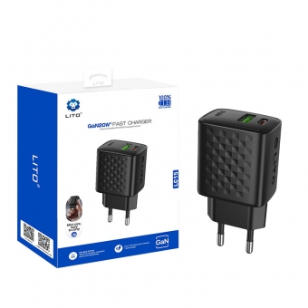 Лучшие Быстрое зарядное устройство LITO LC15 GaN 20 Вт с двумя портами USB-C и USB-A для продажи